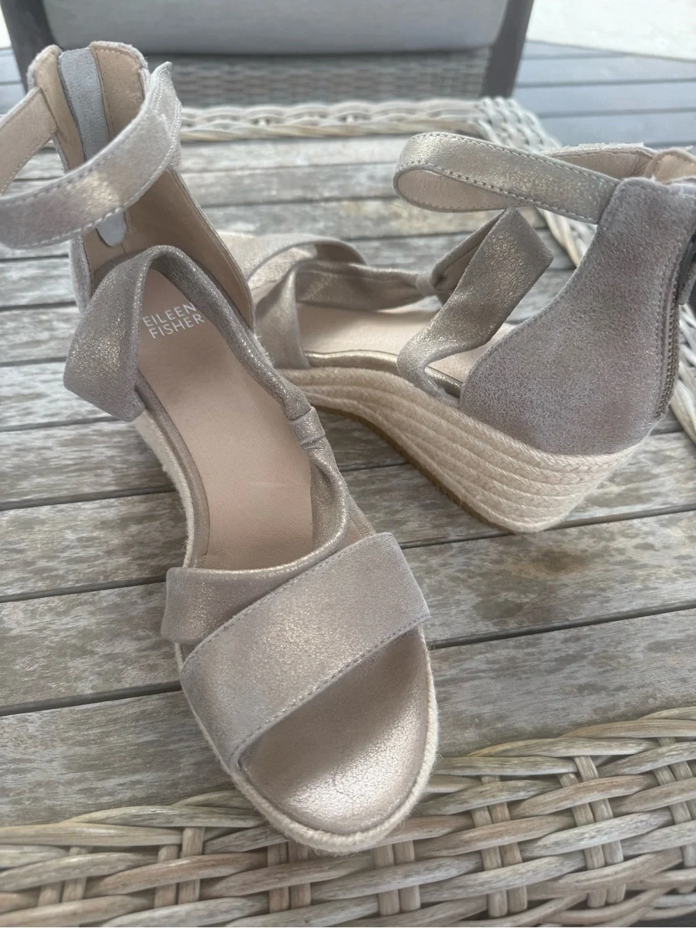 Eileen Fisher Wisp Metallic Taupe Espadrille Wedge Sandal with Ankle Strap